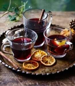 Mulled Wine served in Frosted Glasses with Mince Pies and Fresh Cream